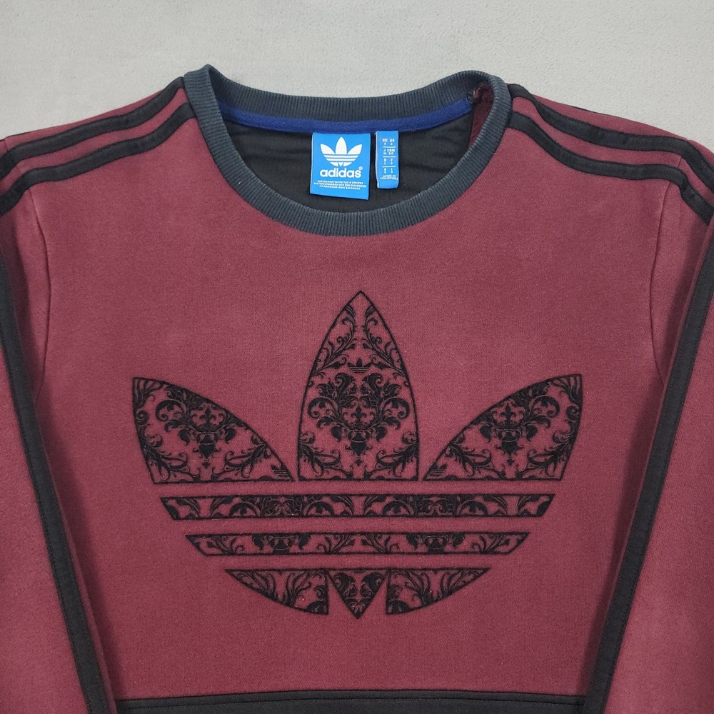 Adidas Originals Sweatshirt Mens S Burgundy Baroque Flocked Trefoil Colorblock - Picture 2 of 11